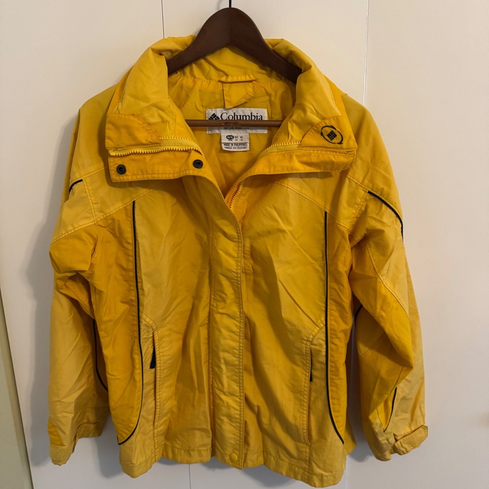 Vintage Columbia Kids Yellow Hooded Windbreaker Jacket Nylon Shell XL 14/16